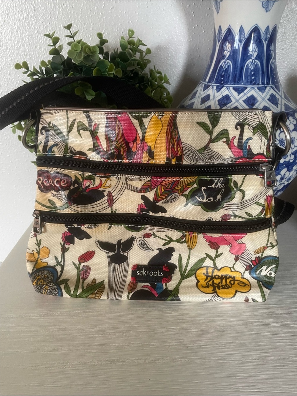 Sakroots Peace and Love Crossbody Bag Purse Floral Bird 3 Zipper Bird print